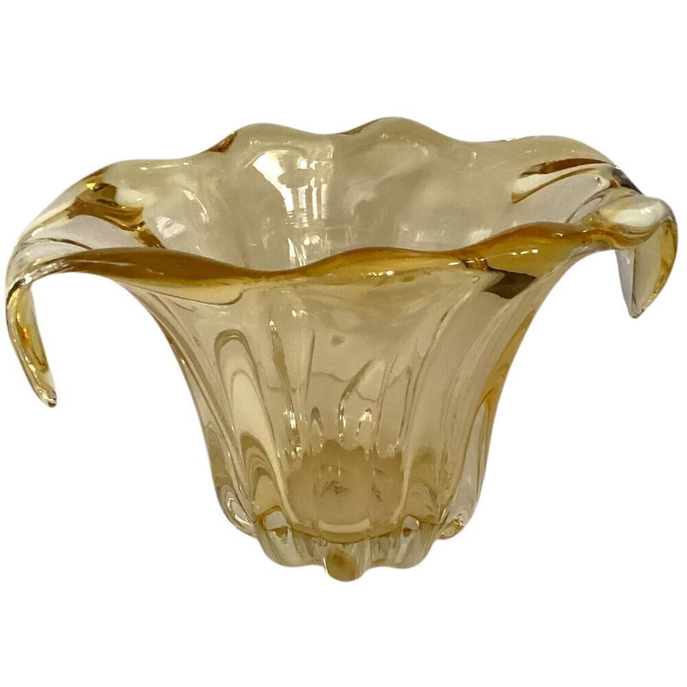 Vintage Teleflora Amber Clear Art Glass Vase Ribbed Drip Waterfall Tulip